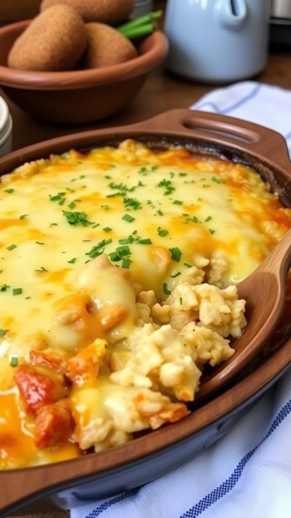 A cheesy chicken and rice casserole in a rustic dish, garnished with parsley, ready to serve.
